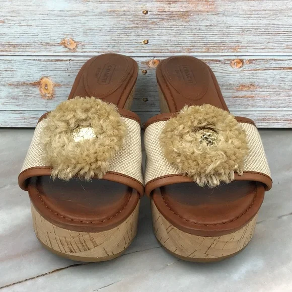 Coach Jazmin Wedge Sandals in Cream Canvas, Brown Leather & Cork - Picture 3 of 11